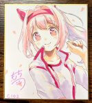  1girl animal_ears blush_stickers bow closed_mouth collarbone commentary_request ear_bow flower-shaped_pupils gym_shirt hairband hand_up haru_urara_(umamusume) highres horse_ears jacket long_hair looking_at_viewer moko39_takasora open_clothes open_jacket petals photo_(medium) pink_hair ponytail purple_eyes red_hairband shikishi shirt signature smile solo symbol-shaped_pupils traditional_media umamusume upper_body white_bow white_jacket white_shirt 