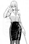  1girl adjusting_eyewear alternate_costume blame! breasts cibo collared_shirt cowboy_shot dress_shirt glasses hand_on_eyewear highres hime_cut looking_at_viewer medium_hair monochrome office_lady pencil_skirt shirt skirt smile solo u_vp7 white_hair 