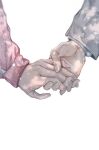  2girls bocchi_the_rock! brown_sleeves close-up commentary_request dappled_sunlight fingernails gotoh_hitori hand_focus highres holding_hands kita_ikuyo long_sleeves multiple_girls out_of_frame pink_sleeves rk_g1x simple_background sunlight white_background 