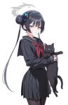  1girl absurdres alternate_costume animal black_cat black_hair black_pantyhose black_sailor_collar black_serafuku black_shirt black_skirt blue_archive butterfly_hair_ornament cat closed_mouth grey_eyes hair_bun hair_ornament halo hidis0086 highres holding holding_animal kisaki_(blue_archive) long_hair long_sleeves looking_at_viewer neckerchief pantyhose red_neckerchief sailor_collar school_uniform serafuku shirt simple_background skirt solo standing white_background 