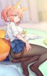  1girl absurdres animal_ear_fluff animal_ears ass black_pantyhose blue_skirt blurry blurry_background blush breasts commentary crotch_seam fate/extella fate/extra fate_(series) feet fox_ears fox_girl fox_tail full_body hand_on_own_thigh highres large_breasts looking_at_viewer looking_back lying magazine_(object) mogullaz no_shoes on_side panties panties_under_pantyhose pantyhose pillow pink_hair school_uniform shirt sidelocks skirt solo tail tamamo_(fate) tamamo_no_mae_(fate/extra) tamamo_no_mae_(jk)_(fate) thighband_pantyhose thighs twintails underwear white_shirt yellow_eyes 