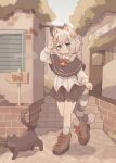  1girl :o absurdres animal_ear_fluff animal_ear_legwear animal_ears arm_up bell black_capelet black_skirt blue_eyes blush boots bow bowtie brown_boots capelet cat cat_ear_legwear cat_ears cat_girl cat_tail collared_shirt colon_br commentary commission day footwear_bow full_body grey_hair grey_socks hair_bell hair_ornament highres jingle_bell long_sleeves looking_at_viewer original outdoors parted_lips pleated_skirt red_bow red_bowtie rin_cat_(rincatx) shirt short_hair skirt socks solo standing tail twitter_username white_shirt 