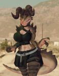  belt bethesda_softworks black_clothing bottomwear breasts claws cleavage clothed clothing deathclaw desert desert_background fallout fangs female hi_res horn looking_at_viewer skirt smile solo tail thigh_up victordantes video_games wasteland yellow_eyes 