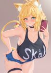  1girl ahoge blonde_hair body_freckles borrowed_character breasts cat_girl cellphone choker cleavage closed_mouth collarbone commission cream_cod eyebrows_visible_through_hair freckles green_eyes highres huge_breasts micro_shorts original phone selfie shirt shorts sleeveless sleeveless_shirt smartphone smile solo swedish_text thigh_strap 