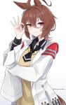  1girl agnes_tachyon_(umamusume) ahoge animal_ears artist_name black_necktie black_shirt brown_hair chemical_structure closed_mouth coat collared_shirt commentary_request corset earrings hair_between_eyes hands_up highres horse_ears horse_girl huge_ahoge ibuki_grunt jewelry lab_coat long_sleeves looking_to_the_side medium_hair necktie ok_sign open_clothes open_coat red_eyes shirt short_necktie simple_background single_earring sleeves_past_fingers sleeves_past_wrists smile solo sweater test_tube twitter_username umamusume variant_set white_background white_coat wide_sleeves wolf_cut yellow_sweater 