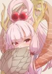  1girl absurdres bow covering_own_mouth emil_chronicle_online feather_fan grey_background hagoromo hair_bobbles hair_bow hair_ornament hair_rings highres horns kirin_(eco) ponytail red_eyes shawl silver-index white_hair 