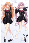  2girls :o bare_legs barefoot bed_sheet black_bow blush bow breasts chaos;child chest_bow cleavage cropped_jacket dakimakura_(medium) eibon embarrassed fingernails full_body hair_between_eyes hair_bow hair_over_one_eye hair_ribbon hand_in_own_hair hand_over_face hekiho_academy hekiho_academy_school_uniform kurusu_nono large_breasts legs loafers long_hair looking_at_viewer lying minamisawa_senri multiple_girls multiple_hair_bows on_back open_mouth orange_hair pink_hair purple_eyes red_bow red_ribbon ribbon sailor_collar sailor_shirt school_emblem school_uniform shiny_lips shirt shoes single_shoe small_breasts smile socks thick_thighs thighs toenails toes tongue twintails unworn_shoes unworn_socks very_long_hair white_sailor_collar white_socks white_trim 