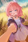  1girl blue_eyes blue_sky breasts camunekoz coat commentary_request cyrene_(honkai:_star_rail) dress hair_ornament highres holding_hands honkai:_star_rail honkai_(series) jewelry looking_at_viewer medium_hair necklace outdoors pink_hair pov pov_hands purple_coat sky small_breasts smile wheat wheat_field white_dress 