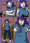 2016 5_fingers anthro artist_name barefoot bell bell_collar biped blue_eyes blue_hair blue_markings blue_nose bottomwear breast_growth breasts canid canine clothed clothed_anthro clothing collar colored comic controller denim denim_bottomwear denim_clothing digitigrade dront feet female female_anthro fingers fox front_view fully_clothed fully_clothed_anthro fur fur_growth game_controller gender_transformation growth hair halcy0n hand_on_own_breast heterochromia hi_res highlights_(coloring) human_to_anthro inside jeans looking_down_at_self low-angle_view mammal markings motion_lines mtf_transformation nipple_outline nipples onomatopoeia open_mouth pants paws r3n4_(rena777) red_eyes red_highlights red_markings shaded shirt signature solo sound_effects species_transformation spread_legs spreading squish standing t-shirt text three-quarter_view topwear transformation white_body white_fur