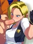  :&gt;= android_18 blonde_hair blue_eyes breasts censored cleavage dragon_ball dragonball dragonball_z earrings fellatio gloves highres jewelry necklace oral raburebo sweat 