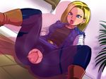  1girl android_18 blonde_hair blush boots censored dragon_ball dragonball dragonball_z earrings french_kiss invisible_penis invisicock jewelry kiss raburebo sex sitting skin_tight spread_legs sweat tongue torn_clothes vaginal 