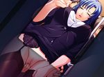  1girl 2boys blue_hair censored chikan eyes_closed fingering game_cg multiple_boys open_mouth pussy thighhighs train train_interior 