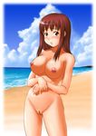  1girl bb beach blush breasts brown_eyes brown_hair large_breasts long_hair midriff nude nude_filter ocean original pussy sea shinogi_a-suke sky solo uncensored 