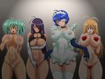  4girls apron bb blue_eyes blue_hair blush breasts cleavage cleavage_cutout collar green_eyes heart_maebari heart_pasties huge_breasts ikkitousen large_breasts maebari multiple_girls nipples orange_hair pasties see-through smile swimsuit ta152_(graf_zeppelin) 