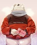  2018 anthro butt clothing fur holidays humanoid_hands male mammal nikiciy overweight overweight_male polar_bear simple_background solo sweater ursine valentine&#039;s_day white_fur 