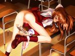  blue_eyes blush boot boots bottomless camera chair classroom desk long_hair no_panties panties panties_around_leg red_hair school_uniform seifuku serafuku spread_legs underwear 