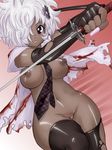  black blood breasts dark_skin ganguro gloves grasshopper_manufacture katana nail_polish necktie no_more_heroes nurugamer-kouyouju pussy ripped_clothes school_uniform shinobu_(no_more_heroes) shinobu_jacobs sword thighhighs tie torn_clothes uncensored weapon white_hair 