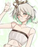  1girl absurdres blush braid cecilia_immergreen doll_joints gradient_hair green_eyes green_hair grey_hair grey_tube_top highres hololive hololive_english joints looking_at_viewer multicolored_hair nurizza_ilst short_hair solo strapless tube_top virtual_youtuber winding_key 