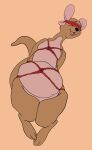 absurd_res animate_inanimate bdsm black_nose blindfold bondage bound brown_body daishu_mianbao disney feet female hi_res humanoid kanga kangaroo living_plushie looking_at_viewer macropod mammal marsupial open_mouth orange_background pink_inner pink_inner_ear pink_underbelly plushie pose pouch_(anatomy) restraints rope rope_bondage rope_harness simple_background solo stitch_(sewing) tail toes winnie_the_pooh_(franchise)