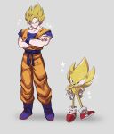  2boys blonde_hair blue_boots blue_sash blue_shirt boots crossed_arms crossover dougi dragon_ball dragon_ball_z full_body ginkaku_(gin2052) green_eyes grey_background hands_on_own_hips highres male_focus multiple_boys orange_pants orange_shirt pants red_eyes red_shoes sash shirt shoes simple_background son_goku sonic_(series) sonic_the_hedgehog sparkle spiked_hair standing super_saiyan super_saiyan_1 super_sonic trait_connection watermark 