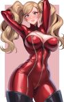  1girl arms_up blonde_hair blue_eyes blush bodysuit boots breasts catsuit cleavage cleavage_cutout clothing_cutout covered_navel curvy earrings full-length_zipper gloves highres jewelry large_breasts latex latex_bodysuit long_hair looking_at_viewer panther_(persona_5) parted_lips persona persona_5 red_bodysuit simple_background skin_tight smile solo stud_earrings takamaki_anne teeth thigh_boots twintails very_long_hair volyz white_background zipper 