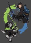  2boys absurdres armored_boots arrow_(projectile) asymmetrical_hair beard black_hair black_jacket black_pantyhose blue_bag boots bow_(weapon) facial_hair fighting_stance full_body furrowed_brow genji_(overwatch) glowing glowing_weapon grey_background hair_bun hanzo_(overwatch) highres holding holding_bow_(weapon) holding_sword holding_weapon jacket katana male_focus mask multiple_boys ninja overwatch pantyhose quiver short_hair sidecut sona_(mmediocreman) sword undercut weapon 