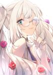  1girl bare_shoulders blue_eyes closed_mouth fate/grand_order fate_(series) flower glasses hair_flower hair_ornament highres light_blush light_smile long_hair looking_at_viewer marie_antoinette_(fate) no-kan no_hat no_headwear one_eye_closed red_flower silver_hair simple_background sleeveless solo sparkle twintails very_long_hair white_background 