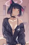  1girl :p absurdres animal_ears backlighting bikini bikini_under_clothes black_choker black_hair black_hoodie blue_archive blunt_bangs blunt_ends blurry blurry_background blush bob_cut breasts breasts_apart cat_choker cat_ears cat_girl choker clip_studio_paint_(medium) closed_mouth collarbone colored_inner_animal_ears colored_inner_hair commentary_request cowboy_shot extra_ears eyelashes from_below hair_intakes hair_ornament hairclip halo highres hood hoodie indoors kazusa_(blue_archive) licking_lips looking_at_viewer looking_down making-of_available medium_breasts multicolored_hair open_clothes open_hoodie pink_hair pink_halo pov red_eyes short_hair single_bare_shoulder sleeves_past_wrists slit_pupils smile solo split_mouth straight_hair swimsuit tongue tongue_out trinity_general_school_logo tsyn two-tone_hair v_arms 