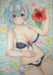  1girl absurdres bangs bikini black_bikini blue_eyes blue_hair breasts cowboy_shot flower hair_between_eyes hair_ornament hair_over_eyes highres kumaccyo large_breasts lying maid_bikini marker_(medium) petals petals_on_liquid re:zero_kara_hajimeru_isekai_seikatsu rem_(re:zero) short_hair smile solo summer swimsuit traditional_media water 