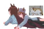  2girls absurdres animal_ears beanie blue_shirt brown_hair brown_tail closed_mouth ears_through_headwear grey_hat hat highres horse_ears horse_girl horse_tail long_hair lying lying_on_person matsunoya_jp multiple_girls nakayama_festa_(umamusume) on_stomach pants photo-referenced photo_inset purple_eyes rabbit reference_inset shirt short_shorts shorts simple_background sirius_symboli_(umamusume) striped_clothes striped_shirt tail umamusume vertical-striped_clothes vertical-striped_shirt white_background 