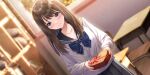  1girl black_sailor_collar black_skirt blue_bow blue_reflection_(series) blue_reflection_sun blush bow box brown_hair cabinet chair classroom closed_mouth collarbone desk dutch_angle evening game_cg heart-shaped_box highres holding holding_box incoming_gift indoors kasuga_shiho kishida_mel long_hair long_sleeves looking_at_viewer non-web_source official_art pleated_skirt purple_eyes red_ribbon ribbon sailor_collar school_desk school_uniform serafuku skirt smile solo swept_bangs valentine window wooden_chair wooden_desk wooden_floor 