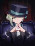  1girl armchair ascot black_coat black_hat black_vest blue_bow boater_hat bow chair closed_mouth coat collared_shirt dark_background grey_eyes grey_hair hair_bun hands_up hat hat_bow hat_over_one_eye highres kk_(chunzhen1314) on_chair one_eye_covered own_hands_together reverse:1999 shirt short_hair single_side_bun sitting solo steepled_fingers upper_body vertin_(reverse:1999) vest white_ascot white_shirt 