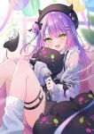  1girl :d aoha_(aohasora) balloon beret bibi_(tokoyami_towa) black_bow black_bowtie black_hat black_skirt bow bowtie cardigan collared_shirt colored_inner_hair confetti cross-laced_clothes cross-laced_sleeves day demon_girl demon_tail fake_horns frilled_shirt frilled_sleeves frills gradient_hair green_eyes grey_cardigan hair_bun hat highres hololive horned_headwear horns indoors jirai_kei long_hair loose_socks miniskirt multicolored_hair official_alternate_costume official_alternate_hairstyle open_cardigan open_clothes open_mouth piercing pink_hair pleated_skirt pointy_ears purple_hair shirt short_sleeves side_up_bun single_side_bun sitting skirt sleeves_past_wrists smile socks solo suspender_skirt suspenders tail tail_ornament tail_piercing teeth tokoyami_towa tokoyami_towa_(jirai_kei) upper_teeth_only virtual_youtuber white_shirt white_socks 