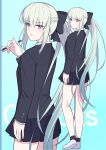  1girl absurdres black_bow black_jacket black_skirt blue_eyes bow braid breasts fate/grand_order fate_(series) full_body grey_hair hair_bow highres jacket long_hair long_sleeves looking_at_viewer medium_breasts morgan_le_fay_(fate) natu_zame ponytail school_uniform sidelocks skirt very_long_hair zoom_layer 