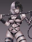  1girl absurdres artist_name black_hair black_sclera bondage_outfit breasts colored_sclera colored_skin cosplay grey_background grey_hair grey_skin heart heart_o-ring heart_ring_top highres holding holding_whip hololive hololive_english idfasler kaijin_hime_do-s kaijin_hime_do-s_(cosplay) large_breasts long_hair looking_at_viewer multicolored_hair navel o-ring one-punch_man scar scar_on_face shiori_novella solo split-color_hair two-tone_hair virtual_youtuber yellow_eyes 