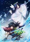  1boy 1girl black_hair black_jacket black_pants blue_eyes bug butterfly butterfly_hair_ornament closed_mouth commentary_request expressionless hair_ornament haori highres holding holding_sword holding_weapon jacket japanese_clothes katana kimetsu_no_yaiba kochou_shinobu long_hair long_sleeves looking_at_viewer multicolored_hair pants ponytail profile purple_eyes purple_hair smile sword tomioka_giyuu two-tone_hair water weapon yutsuyutsu 