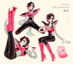  1boy android artist_name black_hair boots colored_skin full_body ghost haihiirutteiina hair_over_one_eye heart highres index_finger_raised invisible_chair joints knee_boots legs_up looking_at_viewer lying male_focus metal_skin mettaton mettaton_ex multiple_views on_back one_eye_covered pink_boots robot_joints short_hair sitting smile swept_bangs tongue tongue_out twitter_username undertale white_background white_skin 