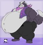 anthro belly big_belly big_butt black_nose blush bottomwear butt canid canine canis clothed clothing fluffy fluffy_tail fur grey_body grey_eyes grey_fur hair hi_res huge_belly kerchief male mammal meme moobs motion_lines navel nintendo obese obese_anthro obese_male open_bottomwear open_clothing open_pants overweight overweight_anthro overweight_male pants pulling_up_pants purple_background purple_clothing purple_kerchief purple_topwear purple_vest sharp_teeth simple_background solo standing star_fox tail teeth thick_thighs tight_bottomwear tight_clothing tight_pants tight_pants_(meme) topwear vest white_belly white_hair wolf wolf_o'donnell zangokunatenshi