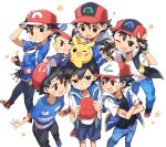  6+boys :d ;d ash_ketchum bangs baseball_cap belt belt_buckle black_gloves black_hair blue_footwear blue_jacket blush boots brown_eyes buckle commentary_request crossed_arms double_v fang fingerless_gloves gloves hair_between_eyes hands_up hat hat_removed headwear_removed highres holding holding_clothes holding_hat jacket kurage2535 looking_at_viewer male_focus multiple_boys multiple_persona on_head one_eye_closed open_mouth pants parted_lips pikachu pokemon pokemon_(anime) pokemon_(classic_anime) pokemon_(creature) pokemon_bw_(anime) pokemon_dppt_(anime) pokemon_on_head pokemon_rse_(anime) pokemon_sm_(anime) pokemon_swsh_(anime) pokemon_xy_(anime) red_headwear shirt shoes short_hair short_sleeves shorts sleeveless sleeveless_jacket smile spiked_hair star_(symbol) striped striped_shirt t-shirt v white_background white_shirt zipper_pull_tab 