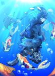  absurdres air_bubble bubble creature deviidog0 english_commentary fish full_body highres koi no_humans one_eye_closed open_mouth original sunlight swimming underwater 