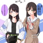  2girls bang_dream! bang_dream!_it&#039;s_mygo!!!!! belt black_hair black_shirt black_skirt brown_dress cellphone commentary_request dress drumsticks green_belt green_eyes hair_between_eyes hanasakigawa_school_uniform hanazono_tae hand_on_another&#039;s_shoulder hand_on_own_hip highres holding holding_drumsticks holding_phone jacket long_hair long_sleeves mole mole_under_eye multiple_girls nanami_(nunnun_0410) neck_ribbon open_mouth phone purple_eyes red_ribbon ribbon sailor_collar sailor_dress school_uniform shiina_taki shirt skirt smartphone sweatdrop translation_request white_jacket white_sailor_collar 