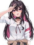  1girl :p absurdres alternate_costume arm_up asymmetrical_sidelocks azki_(hololive) belt_collar black_collar black_hair black_skirt braid brown_car car cardigan cardigan_around_waist clothes_around_waist collar collared_shirt colored_inner_hair commentary_request double-parted_bangs hair_intakes hair_ornament hairclip half_up_half_down_braid heart_pendant highres hololive long_hair looking_at_viewer micon mole mole_under_eye motor_vehicle multicolored_hair neck_ribbon pendant_collar piercing pink_hair plaid_clothes plaid_skirt ponytail purple_eyes ribbon school_uniform shirt shirt_tucked_in short_ponytail sidelocks simple_background skirt sleeves_rolled_up solo straight-on streaked_hair tongue tongue_out tongue_piercing v very_long_hair virtual_youtuber white_background white_hair white_shirt 