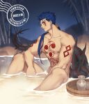  00047 1boy alcohol bamboo biceps blue_hair bodypaint bottle closed_mouth collarbone commission cu_chulainn_(fate) cu_chulainn_alter_(fate/grand_order) dark_blue_hair dark_persona earrings facepaint fate/grand_order fate_(series) highres jewelry long_hair monster_boy muscular muscular_male nipples nude onsen outdoors partially_submerged pectorals ponytail red_eyes sake sake_bottle sitting spiked_hair spikes tail wet 