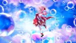  1girl 66_da_shun_l absurdres air_bubble aqua_bow aqua_bowtie aqua_eyes aqua_hair bell block_heels boots bow bowtie bubble dress drill_hair gradient_hair hair_between_eyes hat highres honkai:_star_rail honkai_(series) hyacine_(honkai:_star_rail) looking_at_viewer miyoushe_watermark multicolored_hair open_mouth pantyhose pink_hair red_bow red_dress red_hat smile solo standing standing_on_one_leg twin_drills two-tone_hair watermark white_pantyhose 
