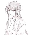  1boy bangs closed_mouth eyebrows_behind_hair fate/grand_order fate_(series) hair_between_eyes highres japanese_clothes kimono long_hair looking_away low_ponytail male_focus monochrome oda_nobukatsu_(fate) ponytail red_eyes sidelocks simple_background smile solo spot_color tachitsu_teto upper_body very_long_hair white_background 