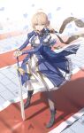  1girl absurdres ahoge artist_name artoria_pendragon_(fate) black_boots black_pantyhose blonde_hair blue_bow blue_bowtie blue_dress boots bow bowtie breasts bu_bai_(wres2744) caliburn_(fate) dress fate/stay_night fate/unlimited_blade_works fate_(series) floating_clothes floating_hair green_eyes highres holding holding_sword holding_weapon honkai:_star_rail honkai_(series) juliet_sleeves long_sleeves looking_at_viewer pantyhose puffy_sleeves saber_(fate) saber_(honkai:_star_rail)_(fate) solo standing sword weapon 