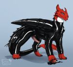 ball_gag blue_eyes chastity_belt chastity_device cheryl_(hunter12396) claws clothing digital_drawing_(artwork) digital_media_(artwork) dragon dreamworks endermoonfur european_mythology feet female feral fury_(httyd) gag hi_res how_to_train_your_dragon latex latex_clothing latex_skinsuit looking_at_viewer mythological_creature mythological_scalie mythology night_fury paws quadruped red_body scalie simple_background skinsuit smile solo strapon strapon_over_chastity tail tight_clothing toe_claws western_dragon