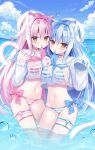  2girls animal_ear_fluff animal_ears bikini blue_bikini blue_bow blue_hair blue_sky blush bow breasts cat_ears cat_girl cat_tail choker cleavage closed_mouth cropped_shirt frills hair_between_eyes hair_bow hair_ornament hasune hat highres jewelry large_breasts long_hair long_sleeves looking_at_viewer multiple_girls navel ocean original outdoors pink_bikini pink_bow pink_hair see-through_clothes see-through_shirt shirt sky stomach striped_bikini striped_clothes swimsuit tail thighlet very_long_hair water wet yellow_eyes 