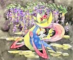  alternate_color black_background closed_mouth cloud cresselia flower full_body jirachi no_humans non_(kumakawayusu) painting_(medium) pokemon pokemon_(creature) purple_flower red_eyes shiny_pokemon smile traditional_media watercolor_(medium) wisteria 