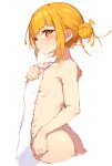  1girl absurdres ass bags_under_eyes bangs blonde_hair blunt_bangs boku_no_hero_academia breasts closed_mouth covering cropped_legs double_bun expressionless from_side highres holding holding_towel looking_at_viewer messy_hair narrowed_eyes nude nude_cover rasusurasu short_hair sideboob sidelocks simple_background slit_pupils small_breasts solo standing toga_himiko towel white_background yellow_eyes 